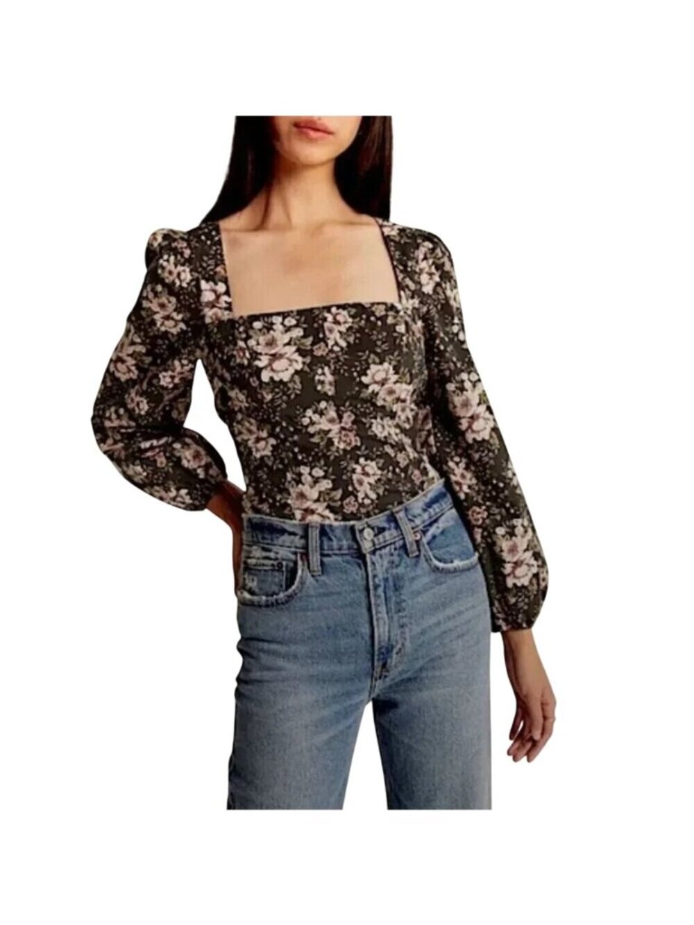 Abercrombie & Fitch Blouse Medium Floral Smocked Back Puff Sleeves Dark Bohemian